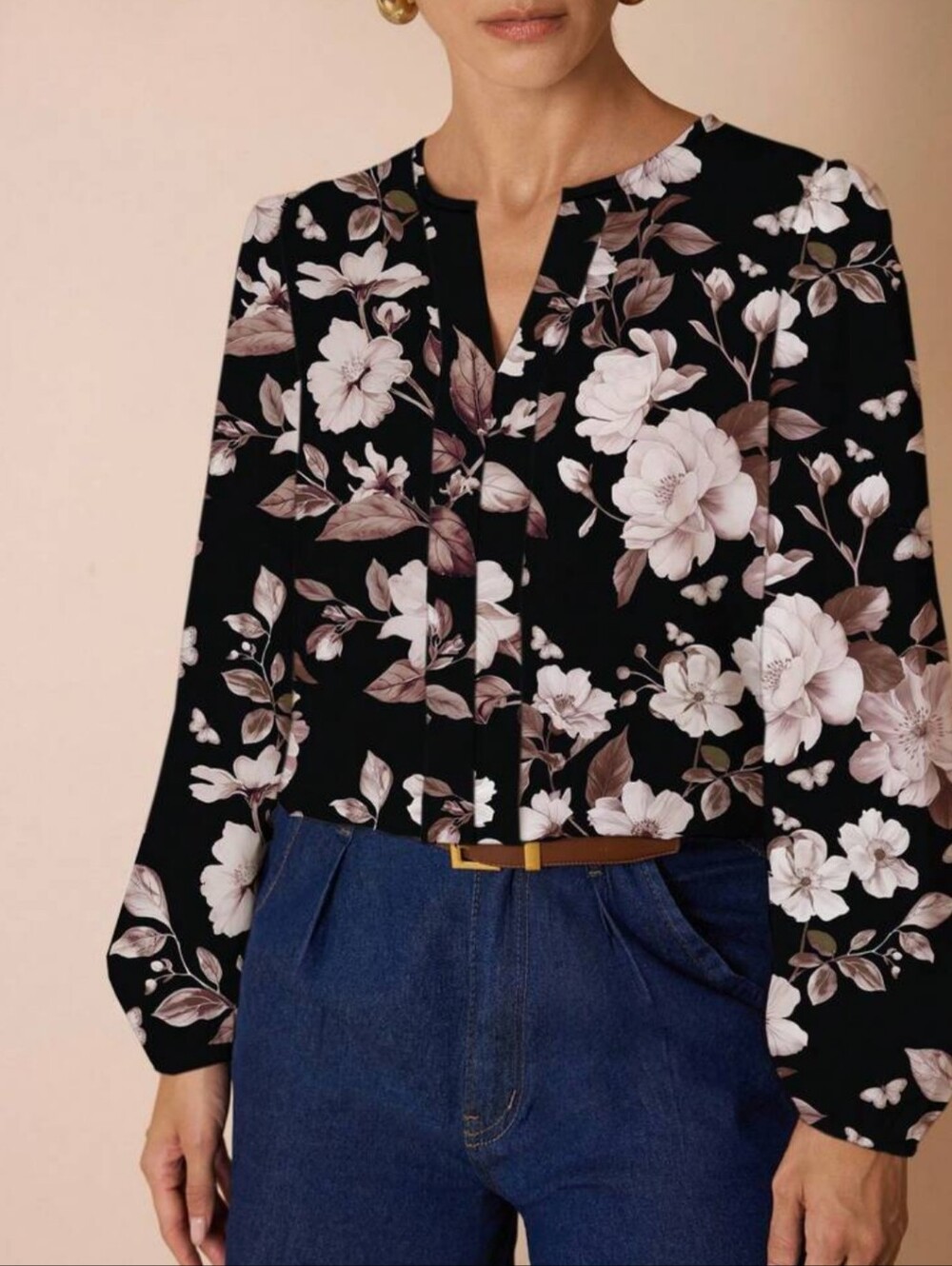 Shein Women's Black Floral Split-Neck Blouse Long Sleeve 1XL